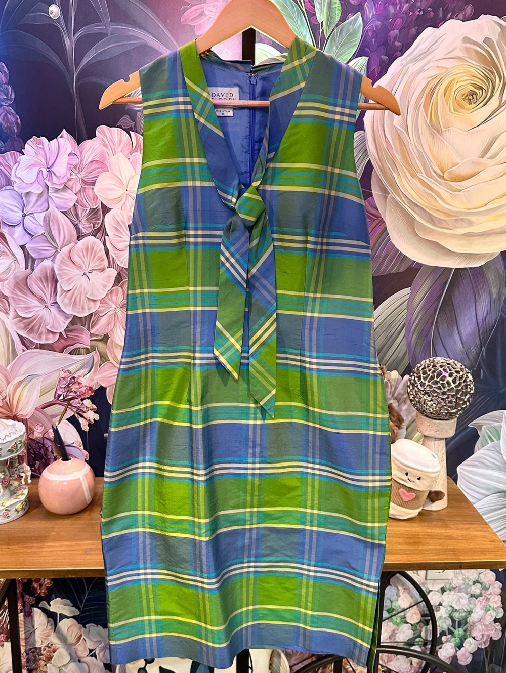 David Warren 8 100% Silk Dress Plaid Tie Neck Sleeveless Sheath Blue Green